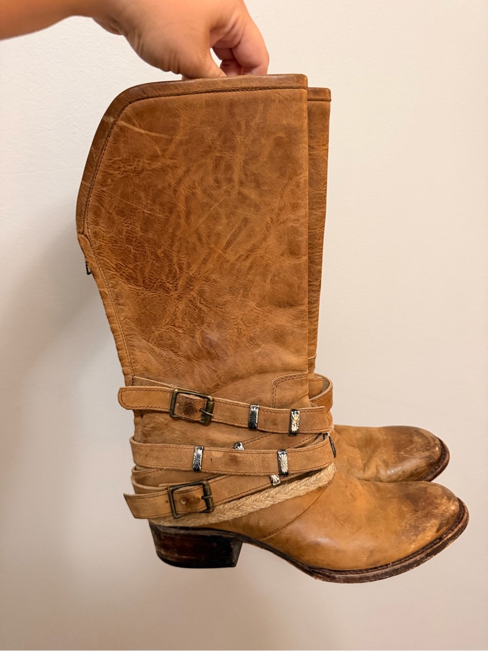 freebird Distressed Tan Leather Mid-Calf Harness Boots